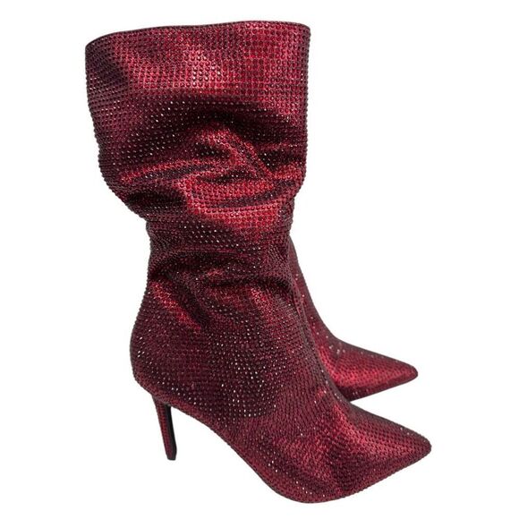 Thalia Mid Calf Boots Size 10‎ Red Embellished Slouchy Pointed Toe High Heel - Picture 1 of 9